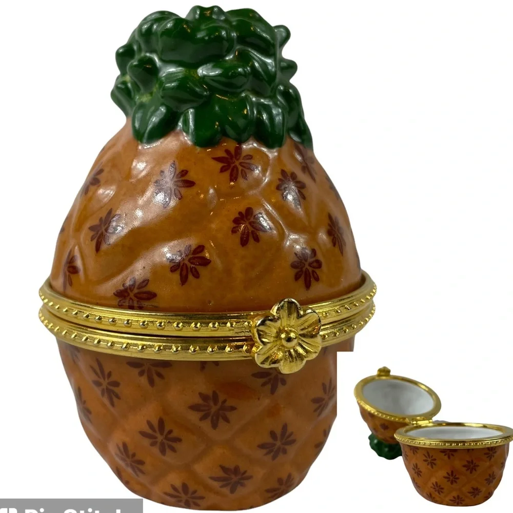 Vintage Limoges Unique Ceramic Pineapple Pill Ring Box Hand Painted Tropical VTG